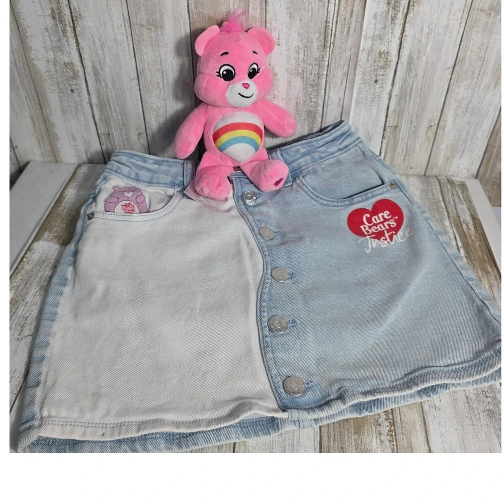 Justice Care Bears Denim Mini Skirt Light Wash Colorblock GirlButton Large 12/14